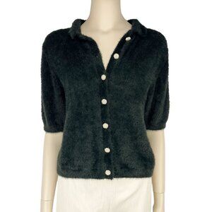 ICONE Plush Fluffy Jewel Buttons Faux Fur Emerald Green Demi-Sleeve Sweater M